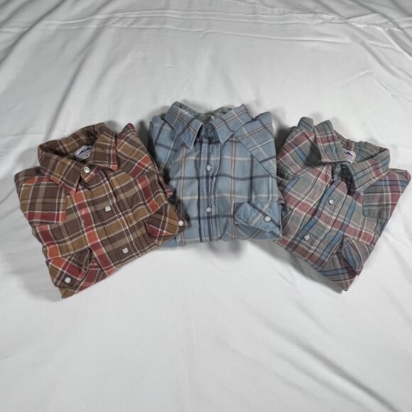 Lot of 3 Vintage Pearl Snap Button Ups Mens XL Plaid Distressed Holes Dakota - Picture 1 of 16